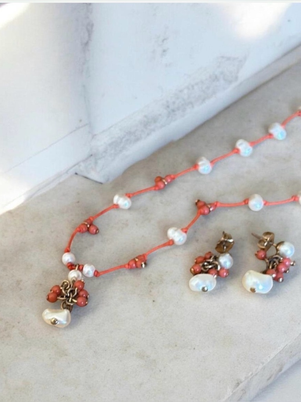 Vintage Avon Coral Pearlesque Beaded Cord Y Choker Necklace & Earring Set NIB